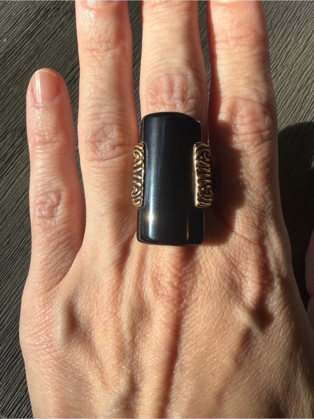 BARSE Black Rectangular Onyx Statement Cocktail Ring Gold Tone Size 8.75